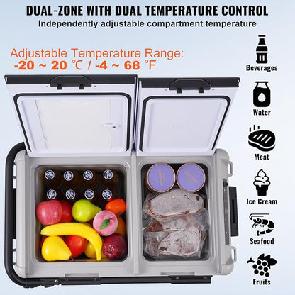 VEVOR Car Refrigerator 50L / 52.8 QT, Dual Zone 12 Volt Compressor Fridge, -4℉ to 68℉ Adjustable, Portable Freezer Cooler for Car, RV, Camping, Home