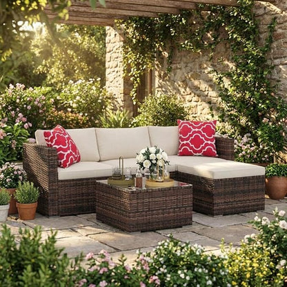 5-Piece L-Shaped Outdoor Patio Furniture Set, PE Wicker Sectional Sofa Set with Cushions and Tempered Glass Table, Steel Frame Conversation Set for Backyard & Poolside – Brown Wicker / Beige Cushions