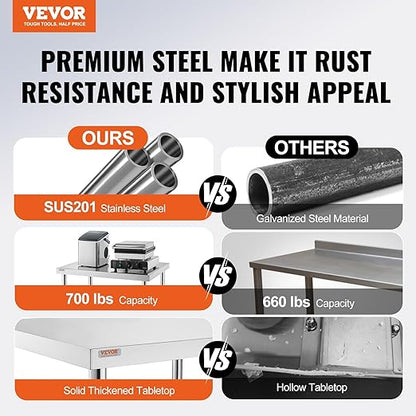 Vevor 30x36x34 Inch Stainless Steel Work Table 3-Stage Adjustable Shelf with 4 Wheels Heavy Duty Commercial Food Prep Worktable with Brake for Kitchen Prep Work