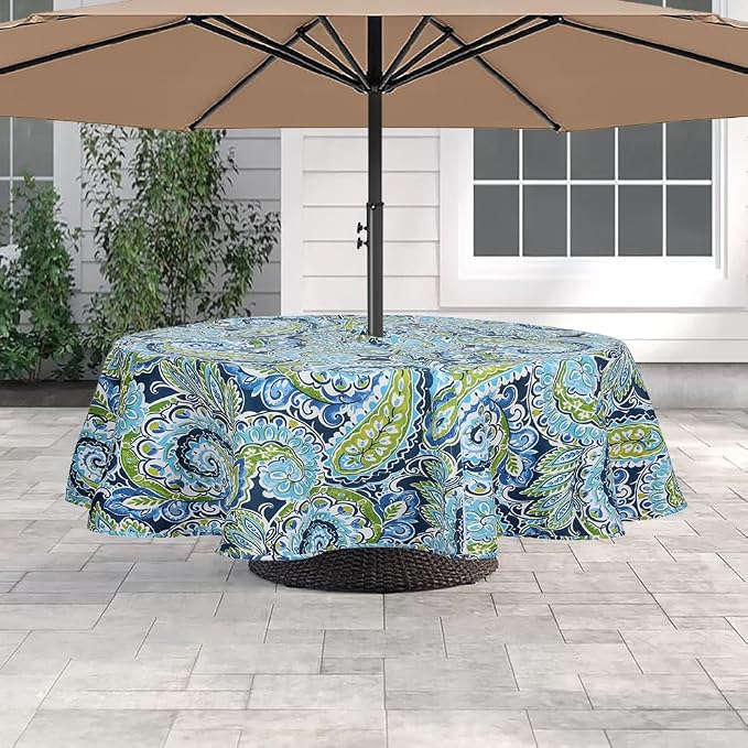60" Round Tablecloth with Umbrella Hole and Zipper, Washable Waterproof Wrinkle Free Zippered Patio Table Cloths Table Covers for Spring, Summer, Party, Backyard, Picnic, BBQS (Paisley Lapis Green)