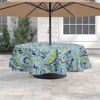 60" Round Tablecloth with Umbrella Hole and Zipper, Washable Waterproof Wrinkle Free Zippered Patio Table Cloths Table Covers for Spring, Summer, Party, Backyard, Picnic, BBQS (Paisley Lapis Green)