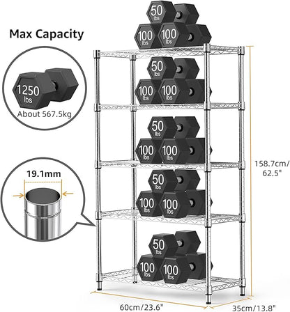M MZG 1250 lbs Steel Heavy Duty 5-Tier Utility Shelving Unit Steel Organizer Wire Rack for Home,Kitchen,Office,Chrome (13.7" D x 23.6" W x 62.4" H)