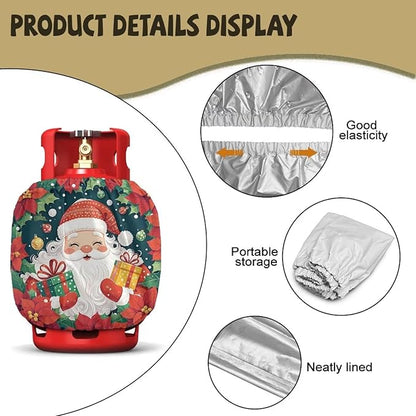 Poinsettia Propane Tank Cover 20lb Santa Claus Gas Tank Cylinder Cover with Elastic Edge RV Gas Cylinder Storage Pocket for Outdoor Camping Yard Party