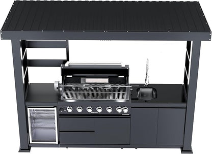 REDNGO 108-Inch 6-Burner 85000 BTU Stainless Steel Propane Gas Grill Outdoor Kitchen Island with Canopy,648Sq.In Cooking Area,Wine Cooler,Refrigerator,Rotisserie,for Backyard BBQ,Black