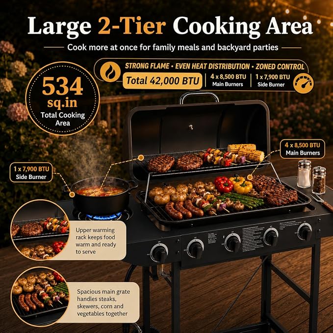 4-Burner Outdoor Propane Gas Grill with Side Burner, 42,000 BTU, Porcelain-Enameled Grates, 534 Sq. In. Cooking Area, Piezo Ignition and Wheels