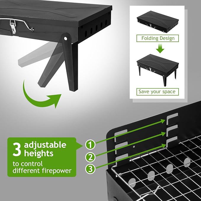 Portable Charcoal BBQ Grill, Foldable Barbecue Grill with Tool Hooks, Stainless Steel Charcoal Barbecues for Outdoor Camping, Picnic, Garden Party, Travel, 44×27×22 cm