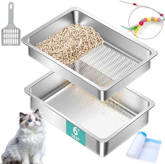 Stainless Steel Sifting Litter Box for Pine Pellets,Sifting Cat Litter Box for Wood Pellets,Large Sifter Litter Pan System with Litter Liners and Scoop-17.72'' L x13.78'' W x6''H