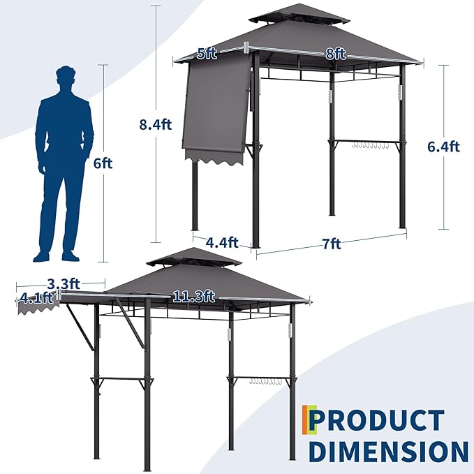 8x5 ft Grill Gazebo, Double Tired Outdoor Patio Canopy Tent with Side Awning Shelves, 4 LED Lights,10 Hooks & Bottle Opener,Heavy Duty Steel Frame Grilling Canopy for Patio Backyard Garden Picnic,Grey