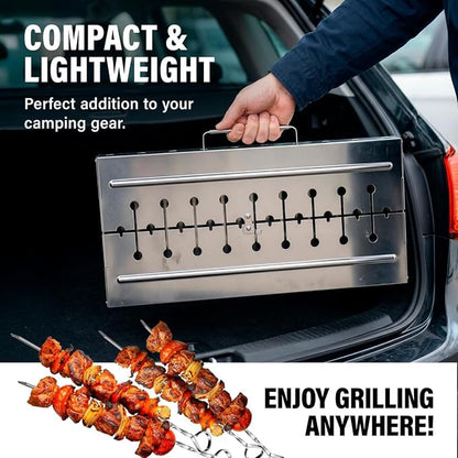 Stainless Steel Charcoal Grill, Portable Foldable Kabob Mangal, Heavy-Duty Rustproof BBQ, 24.80x9.45x25.2 Inch, for Outdoor Use, 12 Skewer Capacity, (Skewers Not Included)