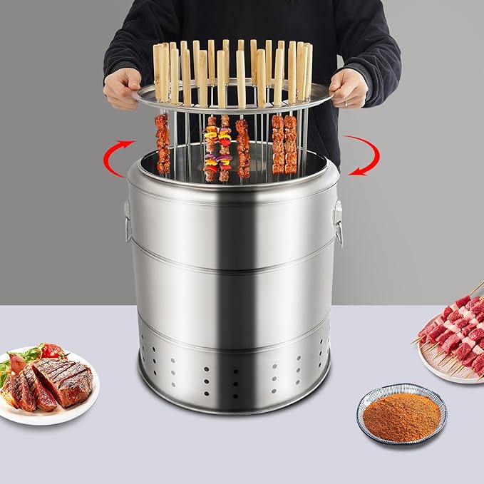 Smokeless Vertical Charcoal Grill – 28 Skewers Capacity, 360° Even Heat for Crispy Outside & Tender Inside, Oil Drip Tray & Ash Tray Included – for Backyard, Beach, Picnic, Party