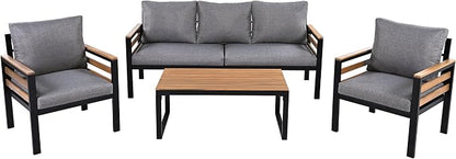 VilroCaz 4-Piece Outdoor Patio Furniture Sectional Sofa Set with Acacia Wood Armrests, All-Weather Conversation Set with Removable Cushion and Solid Wood Coffee Table for Garden Backyard (Grey-TH)