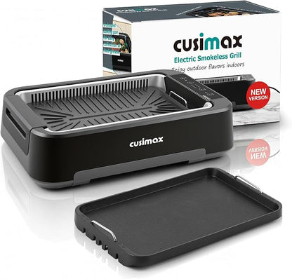 Indoor Grill, CUSIMAX Electric Smokeless Grill & Griddle, Black, 1500W | With REPLACEABLE Smoke Filter Sponge/Smart LED Display/Non Stick 2 in 1 Grill & Griddle Plates/Larger Grilling Area
