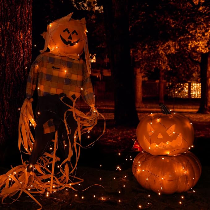 Joomer Orange Halloween Solar String Lights - 2 Pack Total 80FT 240LED | Solar Fairy Lights, Waterproof Outdoor Twinkle Lights with 8 Modes for Garden, Porch, Trees, Halloween Decor (Black Wire)