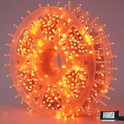YEGUO 165ft 500 LED Orange Halloween String Lights, Clear Wire Christmas String Lights Indoor, 8 Modes Twinkle Tree Lights Plug in with Timer Memory.