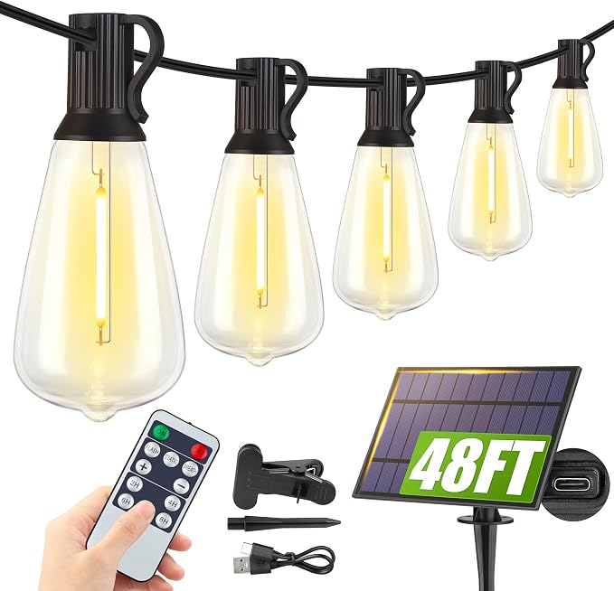 Larkvue 48FT Solar String Lights Outdoor with Remote, Waterproof Dimmable Patio Lights with 15+1 LED ST38 Bulbs 3 Modes Hanging Lighting for Backyard