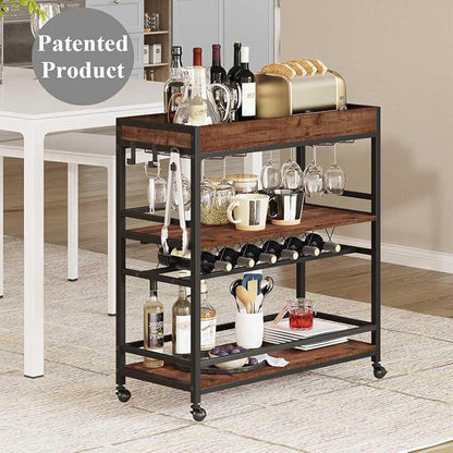 Bar Cart for The Home, Rolling Home Bar Serving Cart on Wheels, 3 Tier Liquor Beverage Carts with Wine Rack and Glass Holder (Rustic Oak)