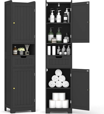 TidyHaven 67" H Tall Bathroom Storage Cabinet, Slim Narrow Organizer with Adjustable Shelves, 2 Doors & 1 Drawer, Freestanding Floor Cabinet for Bathroom, Kitchen, Living Room (Black)
