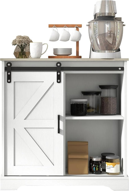 Panana Sliding Barn Door Buffet Sideboard Storage Cabinet Coffee Bar Kitchen Farmhouse Style (White Cabinet Nature Top)