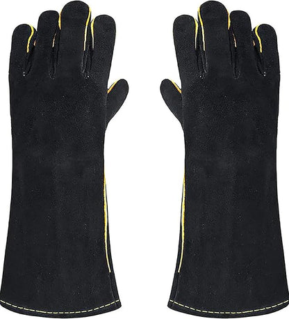 Heat Resistant Gloves for Grill BBQ,Long Sleeve Grill Gloves for Baking,Oven,Fireproof, Stove,Welder,Welding,Fireplace (Bblack-Yellow)
