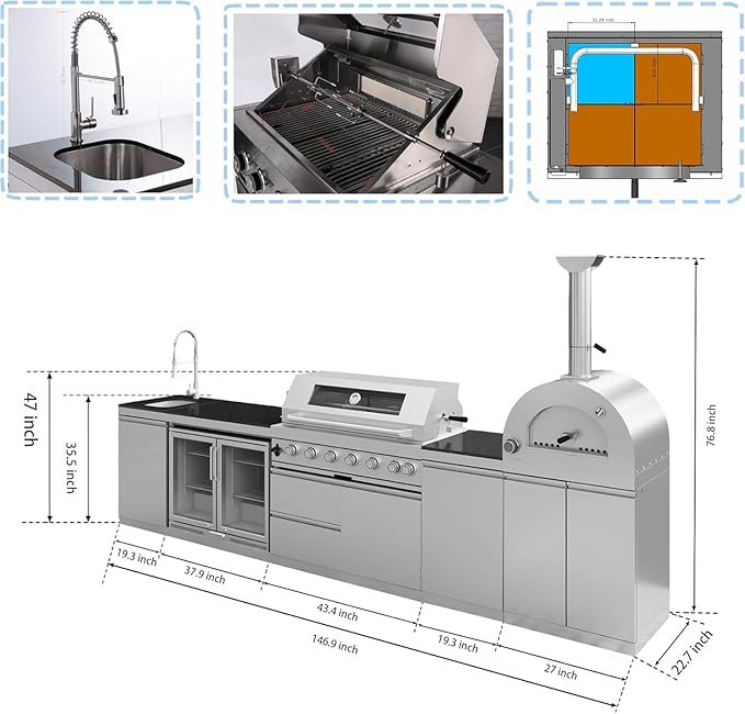 147" Modular Outdoor Kitchen,120,000 BTU Stainless Steel Natural Gas BBQ Grill with Built-In Pizza Oven,Rotisserie,Double Door Refrigerator,Granite Countertop,Storage Drawers & Cabinets.