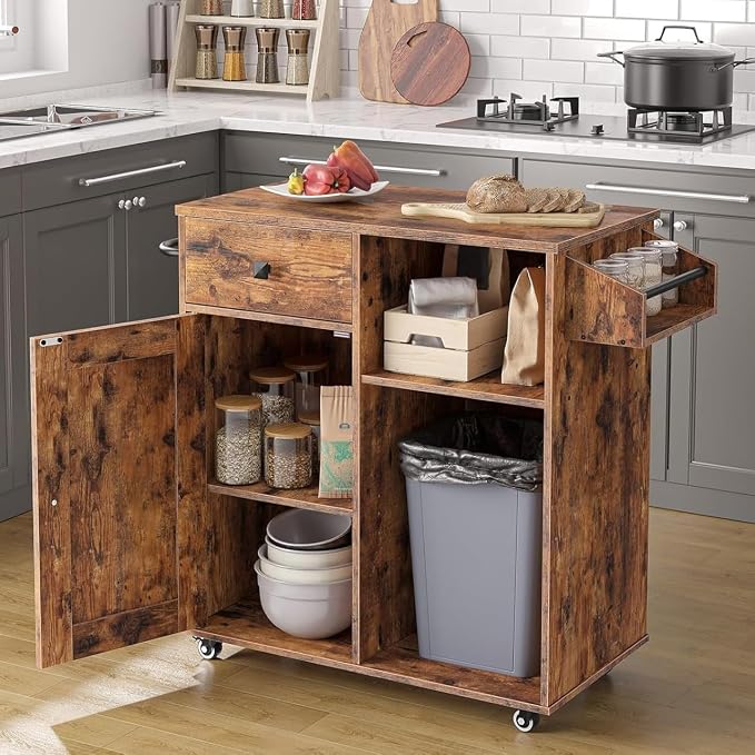 HOOBRO Kitchen Island, Storage Cabinet with Drawer, Kitchen Cart with Spice and Towel Rack, Saving Space, Easy Assembly, for Living Room, Rustic Brown BF12ZD01