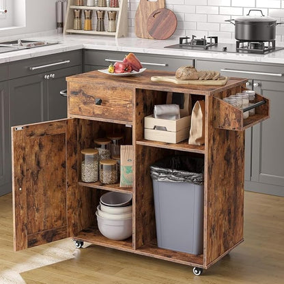 HOOBRO Kitchen Island, Storage Cabinet with Drawer, Kitchen Cart with Spice and Towel Rack, Saving Space, Easy Assembly, for Living Room, Rustic Brown BF12ZD01