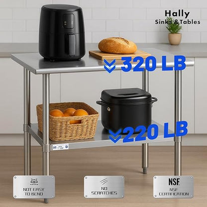 Hally Stainless Steel Table for Prep & Work 14 x 36 Inches NSF Commercial | Metal Heavy Duty Workbench, Adjustment Undershelf, for Kitchen, Restaurant, Home, Hotel, Garage, Pizza Oven, Galvanized Legs