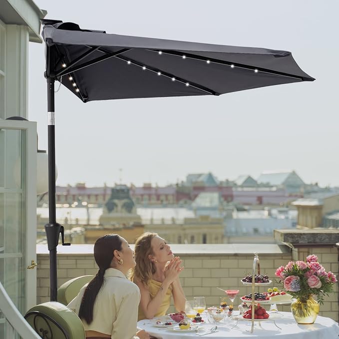C-Hopetree 9 ft Half Round Outdoor Patio Market Wall Umbrella with Solar LED Lights and Tilt