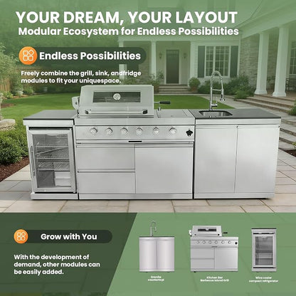 98" Rolling Outdoor Kitchen Island with Built-In 4 Burner 72,000 BTU Stainless Steel Gas Grill Featuring Rotisserie Oven,Granite Countertops,Beverage Fridge,Sink. (Silver + Fridge + Sink, Natural Gas)