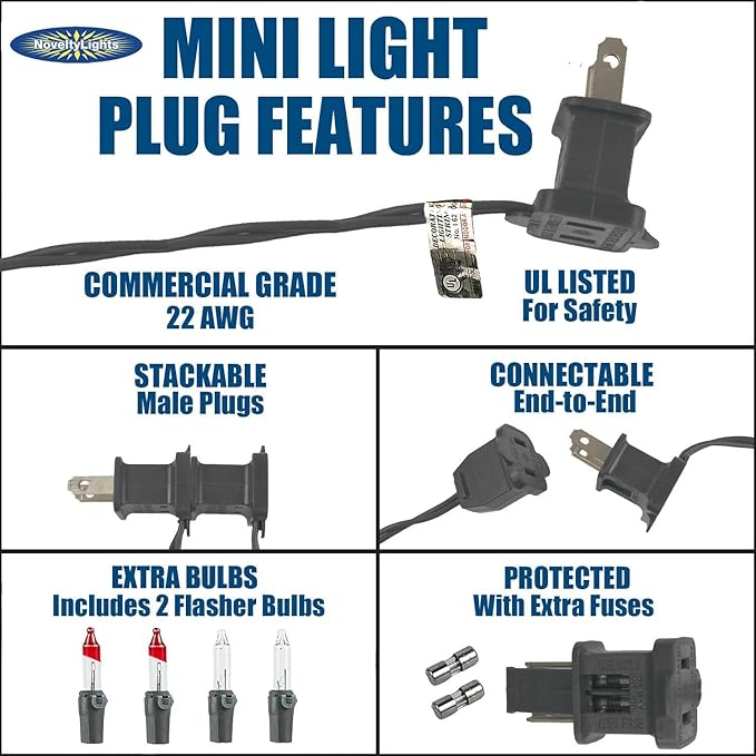 Novelty Lights 50 Feet 100 Bulbs Traditional Incandescent Mini Lights, Clear on Black Wire with 6" Spacing, Commercial Grade and UL Listed for Indoor/Outdoor Use, End-to-End Connectable