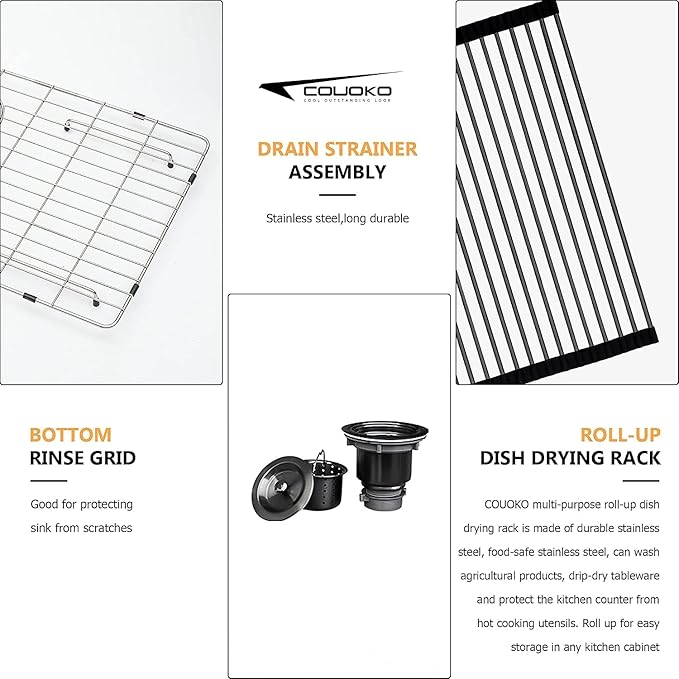 25x22 Drop In Kitchen Sink Black 16 Gauge Stainless Steel Single Bowl Drop Kitchen Sinks Nano PVD Gunmetal Black Handmade Large Deep Topmount Sinks, 25x22x9 Inch