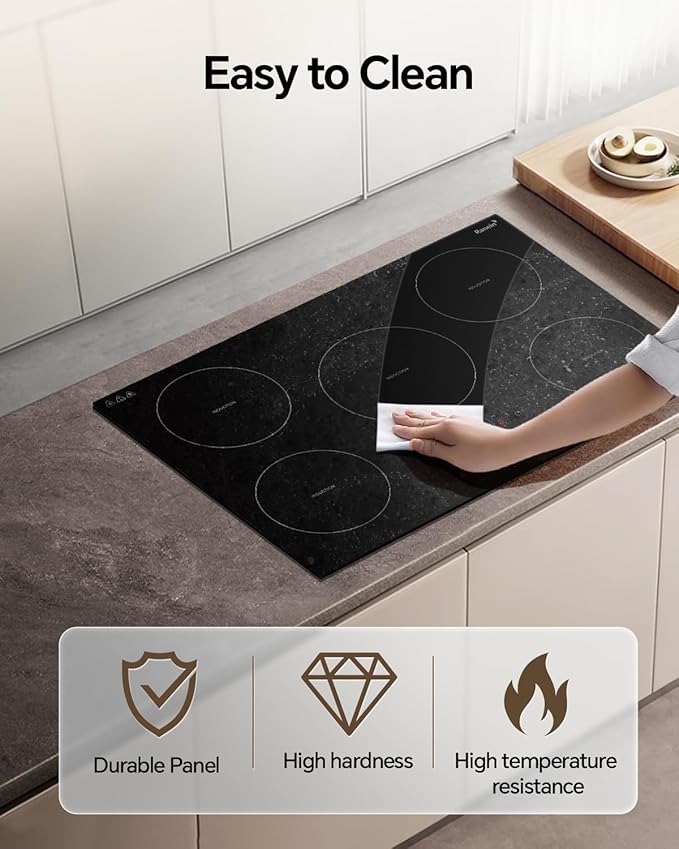 Ranein 30 Inch 5 Burner Induction Cooktop, Max 9200W 240V Durable Panel Built-in Electric Stove Top,with Child Safety Lock, Timer, Over-Temperature Protection