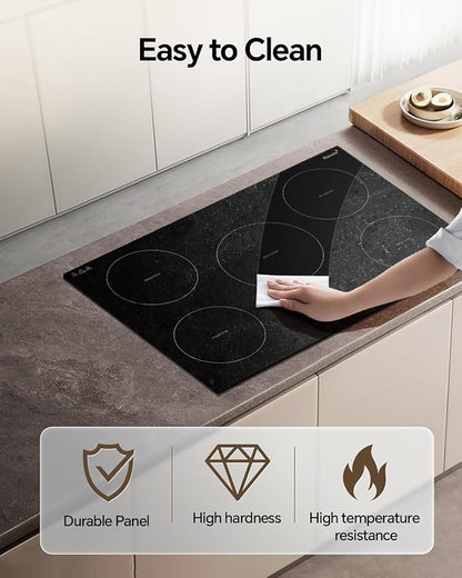 Ranein 30 Inch 5 Burner Induction Cooktop, Max 9200W 240V Durable Panel Built-in Electric Stove Top,with Child Safety Lock, Timer, Over-Temperature Protection