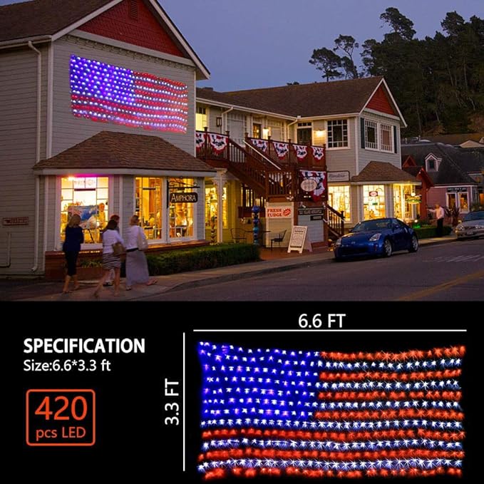 (Upgraded) American Flag Net Lights, 4th of July Decorations, 420 LED USA Flag Lights, Outdoor Waterproof Patriotic Ornament for Independence Day, National Day, Memorial Day Decor (Plug-in 110V)