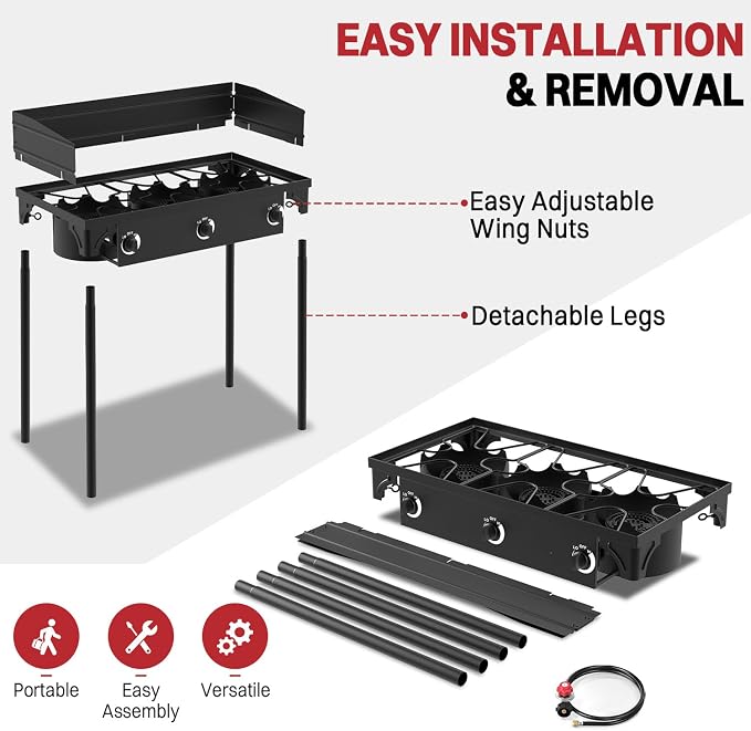 3 Burner Propane Camp Stove | 225,000 BTU | High Pressure Gas Burners | CSA Certified | Windscreen | Waterproof Cover | Detachable Legs | Ideal for Camping Tailgating Backyard Outdoor Cooking