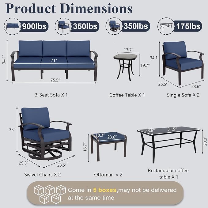 ALAULM Aluminum Patio Furniture Set with Coffee Table Rectangular, 9-seat Outdoor Sectional Furniture w/Swivel Chairs and 2 Ottomans, Patio Conversation Set for Porch, Backyard, Poolside-Dark Blue