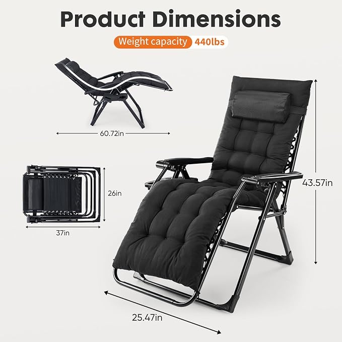 DUMOS Zero Gravity Chair, Lounge Chair Outdoor with Cup Holder Trays and Removable Cushion, Folding Reclining Chairs for Indoor Outside Beach Camping Patio, Black