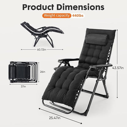 DUMOS Zero Gravity Chair, Lounge Chair Outdoor with Cup Holder Trays and Removable Cushion, Folding Reclining Chairs for Indoor Outside Beach Camping Patio, Black