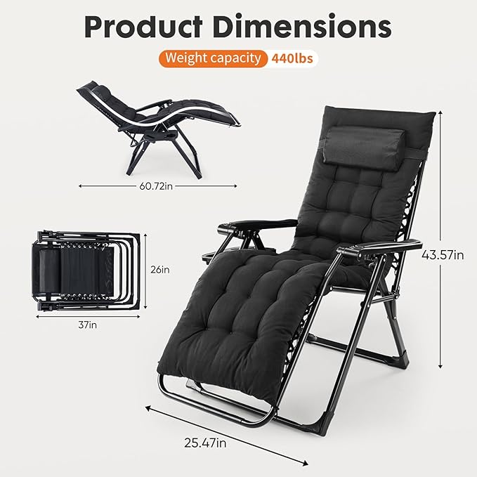 DUMOS Zero Gravity Chairs Set of 2, Lounge Chair Outdoor with Cup Holder | Folding Reclining, Removable Cushion Trays, Beach Camping Patio, Indoor Outside, Black