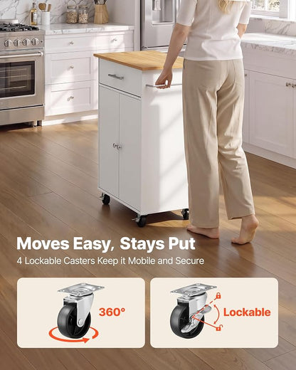 VEVOR Kitchen Island Cart with Storage, 24.84 in Wide Mobile Rolling Storage Island on Swivel Wheels, with Drawer, Storage Cabinet, Towel Rack, Hooks, Table for Home Dining Room, White