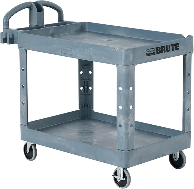 Rubbermaid Commercial Products BRUTE Heavy Duty 2-Shelf Utility/Service Cart, Large, Lipped Shelves, Ergonomic Handle, 750 lbs. Capacity, Black, for Warehouse/Garage/Cleaning/Maintenance/Stadiums