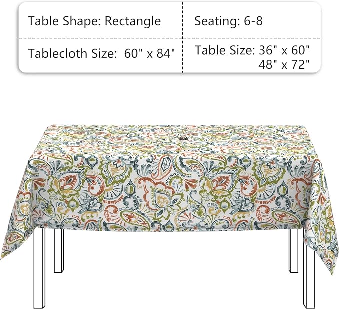 LVTXIII Rectangle Outdoor Tablecloth with Umbrella Hole and Zipper, Water-Repellent 60 x 84 Inch Patio Table Cover for Picnic, Garden, Backyard Dining, Paisley Botanical