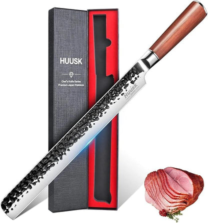 Huusk Japanese Carving Knife - 11" Brisket Slicing Knife for Meat Cutting Made by High Carbon Steel, Hand Forged Ultra Sharp BBQ Knives for Meat Grilling Roast, Gift Idea for Men Dad Smoker