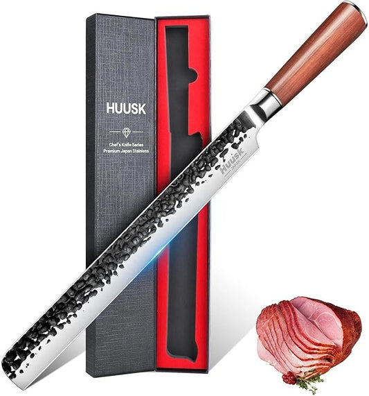 Huusk Japanese Carving Knife - 11" Brisket Slicing Knife for Meat Cutting Made by High Carbon Steel, Hand Forged Ultra Sharp BBQ Knives for Meat Grilling Roast, Gift Idea for Men Dad Smoker