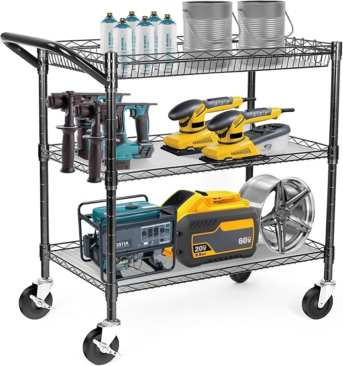 Heavy Duty 3 Tier Utility Cart,Wire Rolling Cart with Wheels, Commercial Grade Service Cart with Shelving Liners and Handle Bar Metal Carts for Kitchen Office Hardware