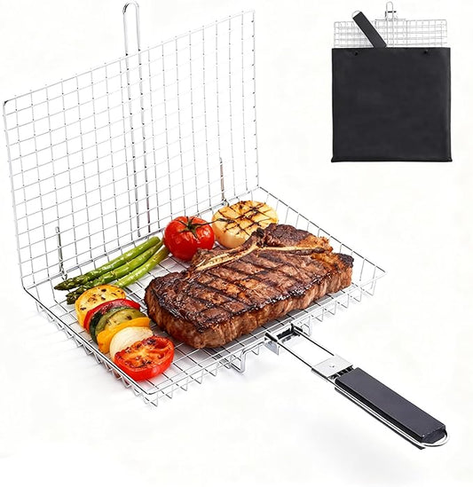 Fish Grill Basket, Folding Stainless Steel Fish Grilling Rack for Grill, Outdoor Camping BBQ Grilling Basket for Fish, Shrimp, Vegetables, Steak & Meat, with Portable Removable Handle, and Carry Bag, Gifts for Men,Dad, Husband