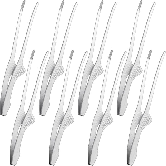Patelai 8 Pieces Korean and Japanese BBQ Tongs Non Slip Cooking Utensils Stainless Steel Tongs for Serving Food, Salad, Camping, Barbecue, Buffet, Oven with Support Stand (Silver)