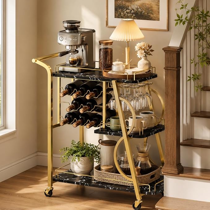 Bar Cart for Home, Home Bar Serving Cart on Wheels, 3 Tier Liquor Carts with Wine Rack and Glass Holder, Rolling Beverage Trolley (Gold & Marbleized Black)