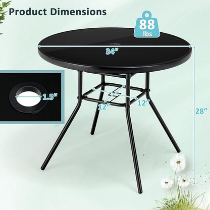 Tangkula 34 Inch Patio Dining Table, Round Tempered Glass Table with 1.5” Umbrella Hole, Heavy-Duty Metal Frame, Outdoor Metal Dining Table for Garden, Balcony, Porch