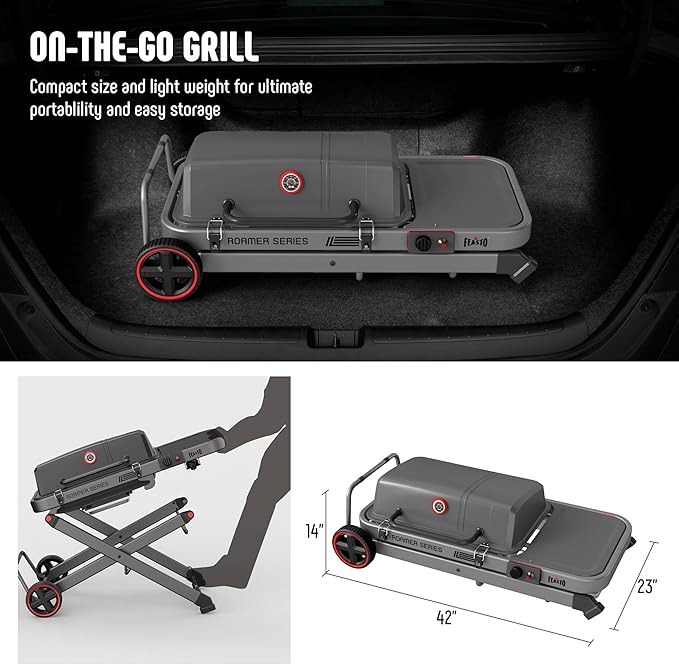 FEASTO Portable Propane Gas Grill with Folding Cart & 13000 BTUs Burner, 360 Sq. In. Cast Iron Cooking Grates, Side Table, 8" Wheels, Stainless Grease Tray for Outdoor BBQ, Camping & Tailgating, Grey